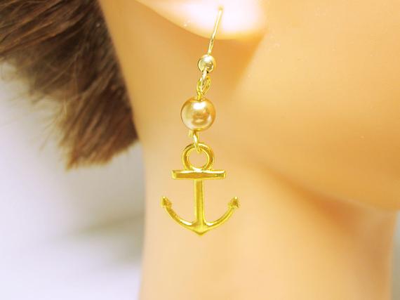 Gold Anchor Nautical #Earrings Gold Anchor Dangles Gold Nautical Wedding Beach Wedding Sailor #JEWELRY Gold Anchors #beaded #fashion #handmade