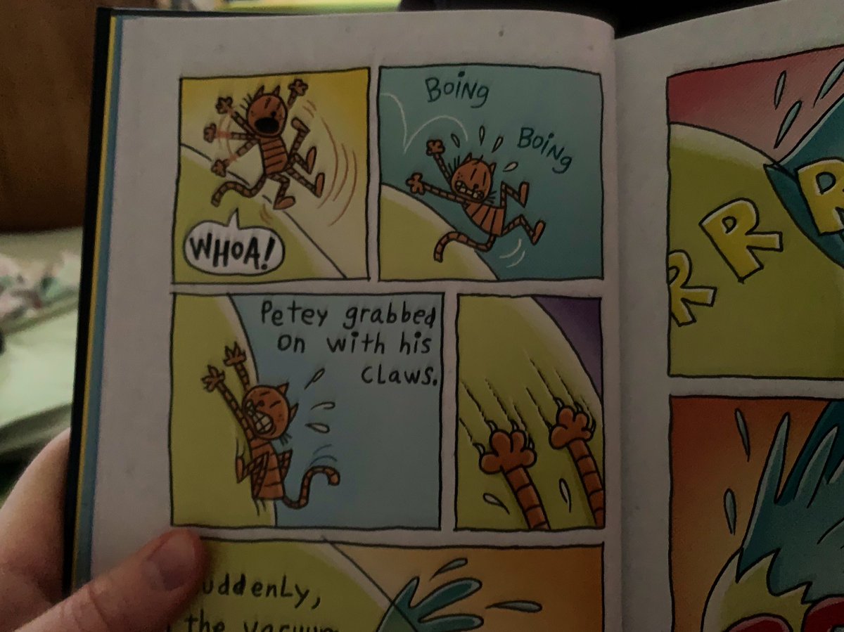 ms_hennington's tweet photo. While reading Dogman, Book 1 by #DavePilkey , I stumbled across this scene. I have a cat, so I know exactly how sharp Perry’s claws are.... #DavePilkey captured it perfectly. 

#RESETeachersRead @GraphixBooks https://t.co/d5cHlFLIIA