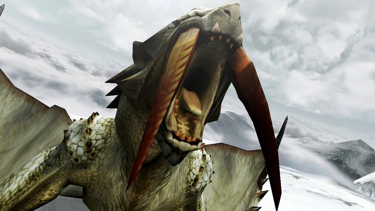 Many of the creatures that Barioth preys upon, such as Popo, have thick fur and fat to keep them warm in their environment, making it hard for predators to leave deep wounds in them. To get through the fat and fur of its prey, Barioth evolved long tusks.