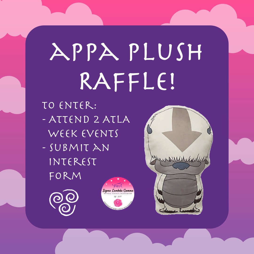 umdslg1990's tweet image. Are you interested in winning an Appa plush from BoxLunch? Enter our ATLA Week Raffle! 🌏🔥💦🌬

ATLA Week kicks off TODAY with a Gamma Informational! All links are in our bio. We look forward to hanging out with you all this week💕💜