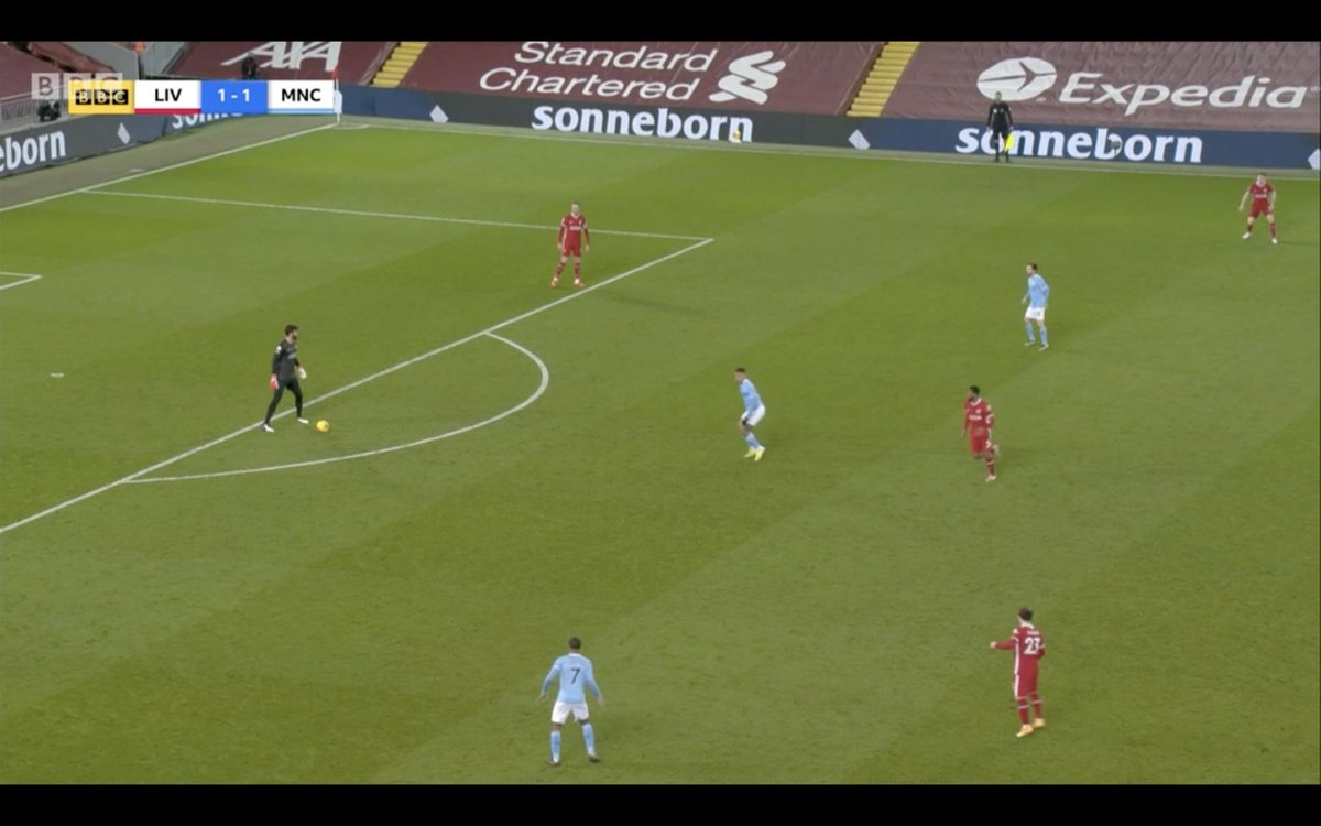 Look at where Jesus is when Alisson receives the ball in the first still - and where he stops his pressing run in the second. He holds position to cut off the short pass into the midfield in the third still, then in the fourth he presses once Alisson has picked a longer pass.