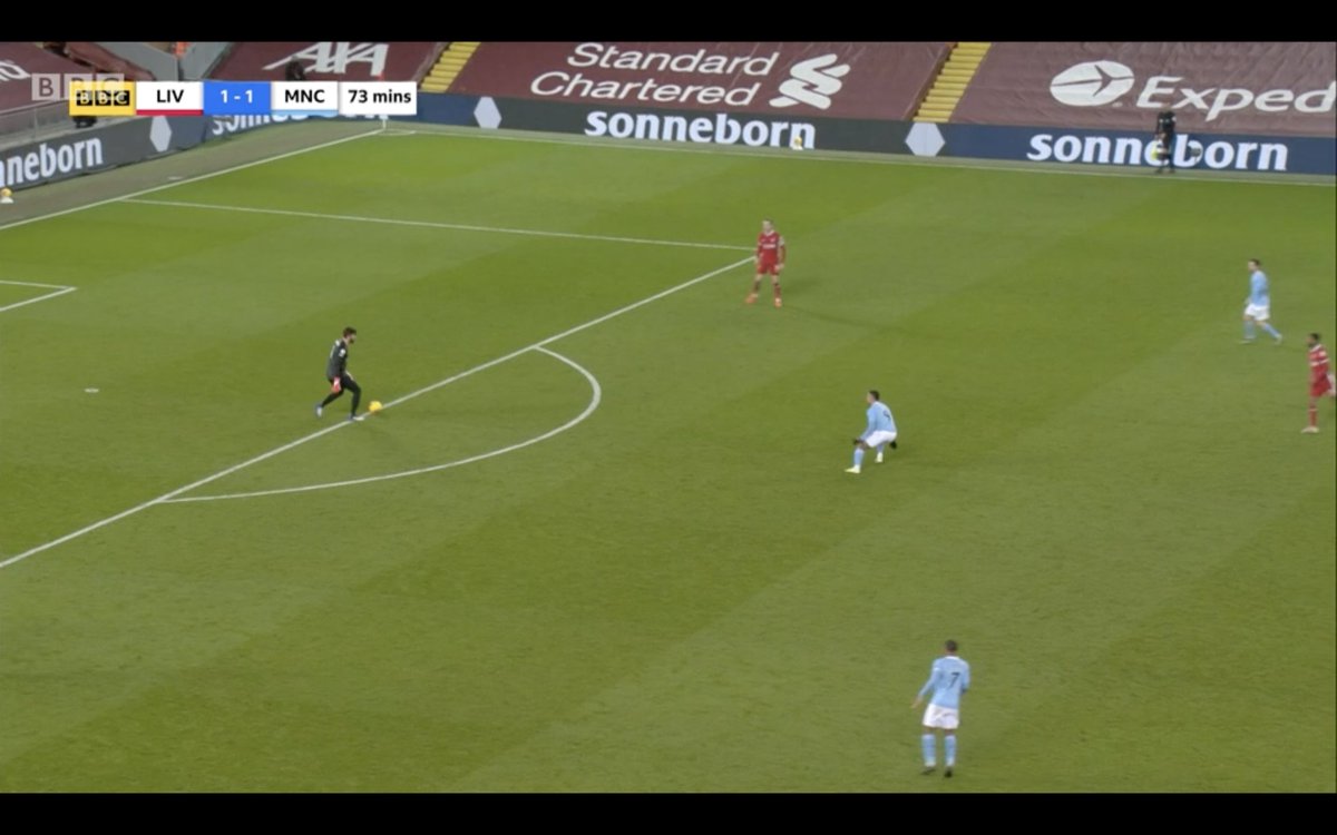 Look at where Jesus is when Alisson receives the ball in the first still - and where he stops his pressing run in the second. He holds position to cut off the short pass into the midfield in the third still, then in the fourth he presses once Alisson has picked a longer pass.