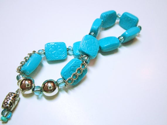 Blue Boho #Handmade Bead #Bracelet Silver Chain And Bead Accents Stretch Cord Blue Bracelet Flower #Style Beads JEWELRY BRACELET #jewelry #wrapbracelets #gift #fashion #giftideas #giftforher #bracelets