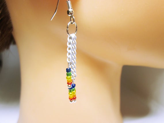 #LGBTQ Pride Rainbow Earrings Pride Earrings Long Earring Dangles lgbtq Dangles Rainbow Colors On Silver Hooks White Brass Chains #lgbtqjewelry jto.li/73b88