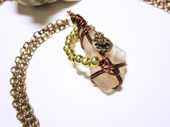 Pink Sea Glass Wire Wrapped #Nautical Pendant Gold Statement Beads Pink Glass Wrapped With Matching Chain SEA GLASS PENDANTS #seaglaspendant #nauticalnecklce #gift #giftidea #giftforher #fashion #seaglass