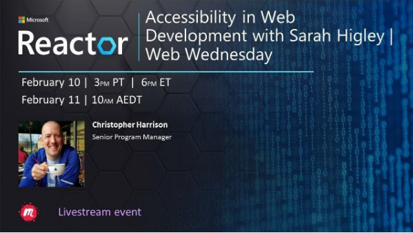 This Week on Web Wednesday, <a href="/GeekTrainer/">Christopher Harrison</a> sits down with <a href="/CodingChaos/">Sarah • @codingchaos@vis.social</a> to discuss her passion and expertise in implementing accessibility in #WebDev. 

Don't miss out! RSVP here: msft.it/6011p0OvH