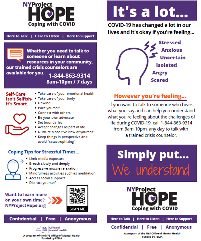 SVE_HS's tweet photo. Struggling with COVID-19 and its impact?  Whether you want to learn about reliable community resources that can help you or you just want to talk, NY Project Hope is here for you as you work to navigate your way through these very unusual times.
https://t.co/JsSwR6i8lD https://t.co/kZt9FauJHO