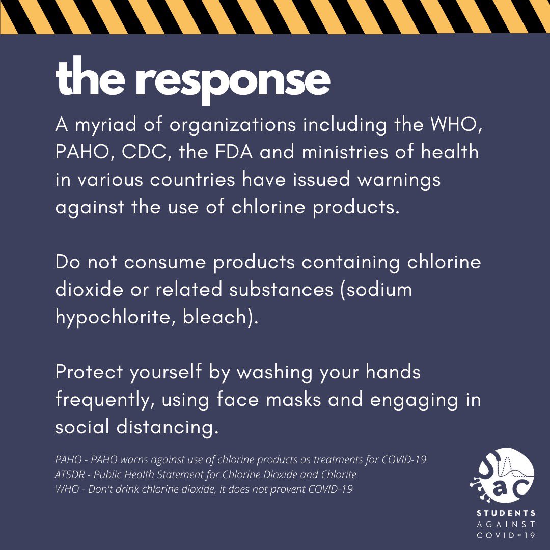 StudentsCOVID19's tweet photo. Some #health insurance companies have gone as far as to say they will not cover costs associated to COVID-19 treatment in patients who have consumed chlorine dioxide. The @WHO, @pahowho, @CDCgov and various ministries of health have warned against its use. https://t.co/tPUnhElzMf