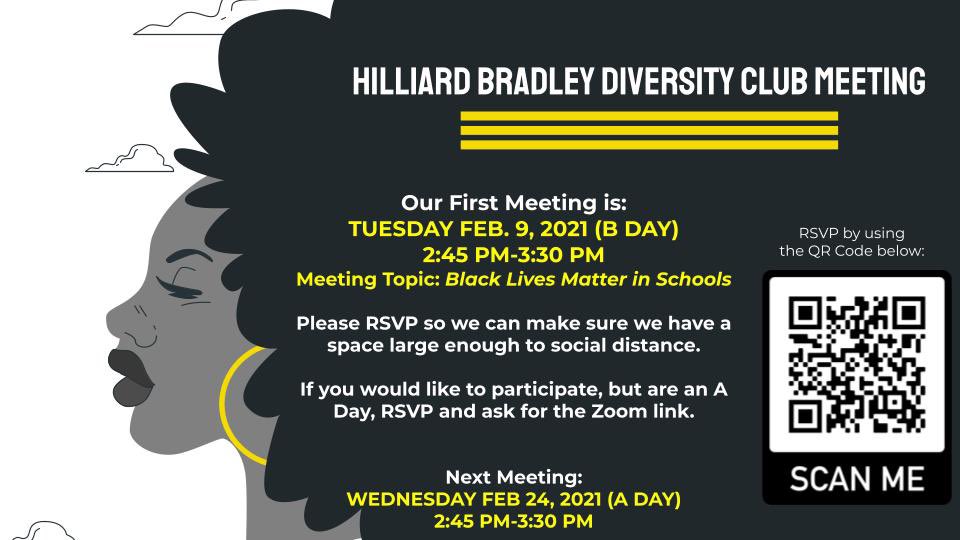 ThomasLuvsBks's tweet photo. Hey Bradley Peeps!
Tomorrow is our first Diversity Club Meeting! It’s a B Day but we will hold an A Day meeting in 2 weeks! RSVP with the QR code so we can make sure we have enough space! Change starts with us! @BradleyHS @sechatman @HilliardSchools Open to all HBR students! https://t.co/X1PH9tZ1Uz