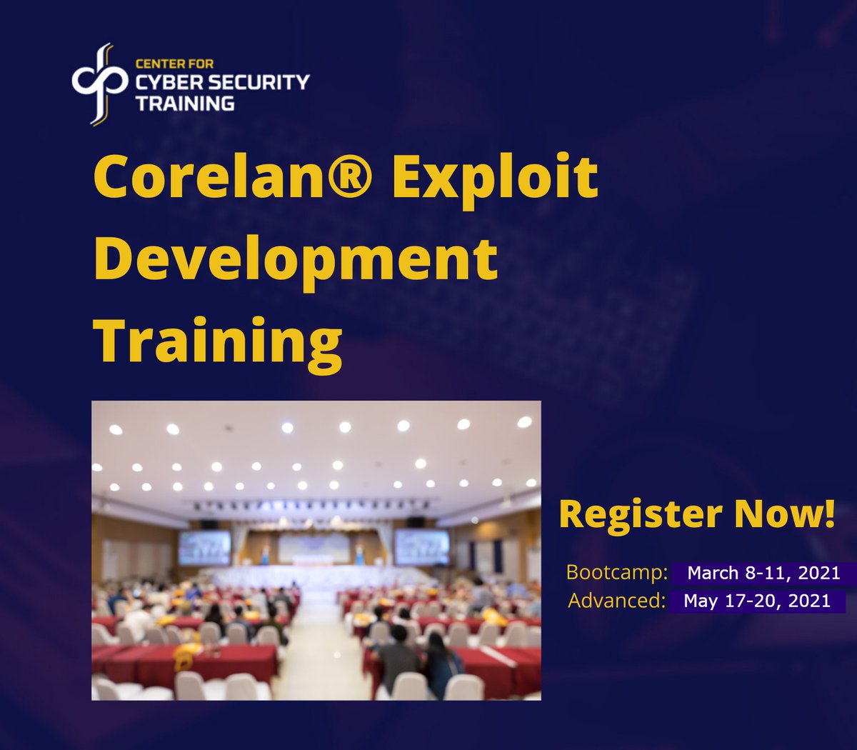 cc_s_training's tweet photo. The first Corelan training of 2021 in the US is a month away! Learn techniques like fundamentals of Exploit Dev to Heap Exploitation from @corelanc0d3r of @corelanconsult!
To register, follow this link: https://t.co/9wWjOlORZs
#CyberSecurityTraining #Corelan #CorelanTraining https://t.co/OsayMY3svl