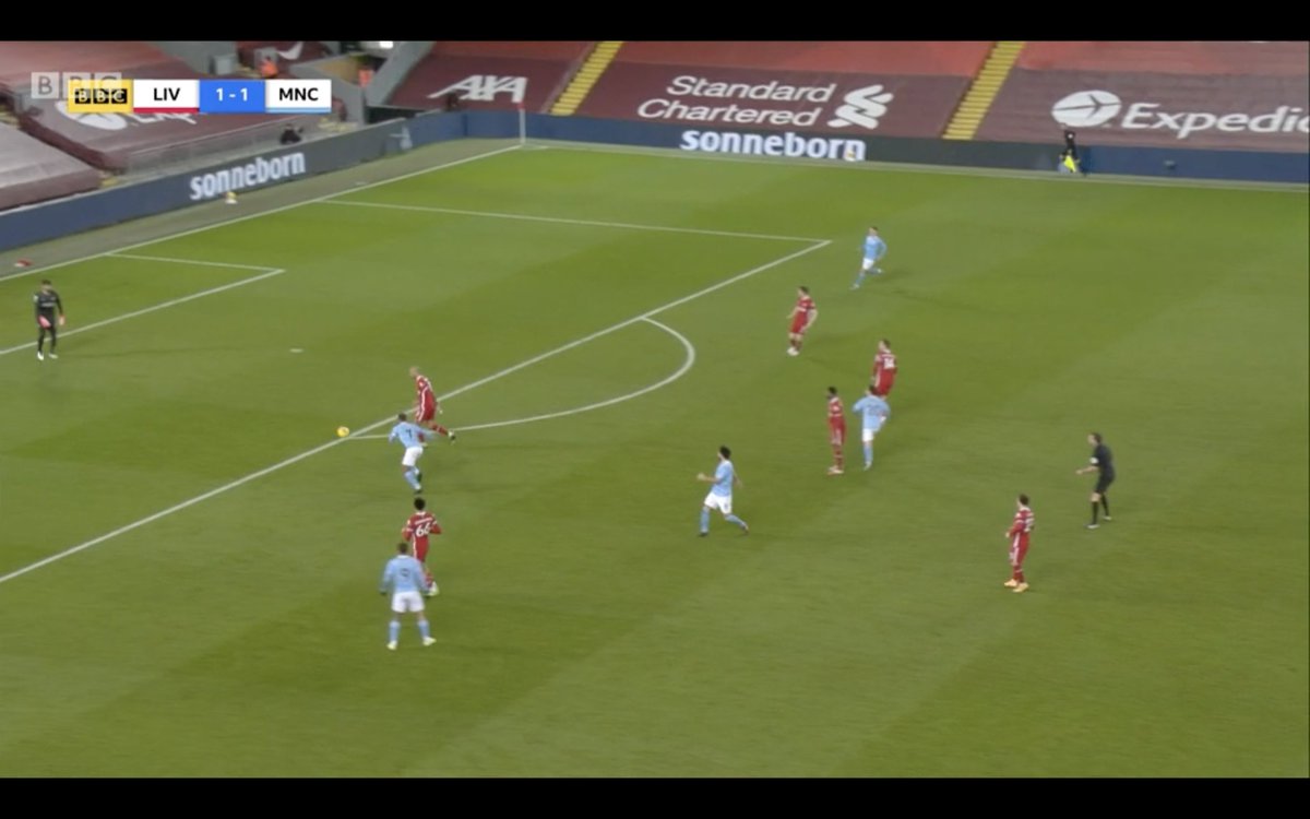 That clearance presented the ball straight back to City - though they couldn't get hold of it and it bounced free for Fabinho to knock back to Alisson again. This time, instead of waiting and letting City block off those avenues, he tried to lift it over Foden to Robertson.