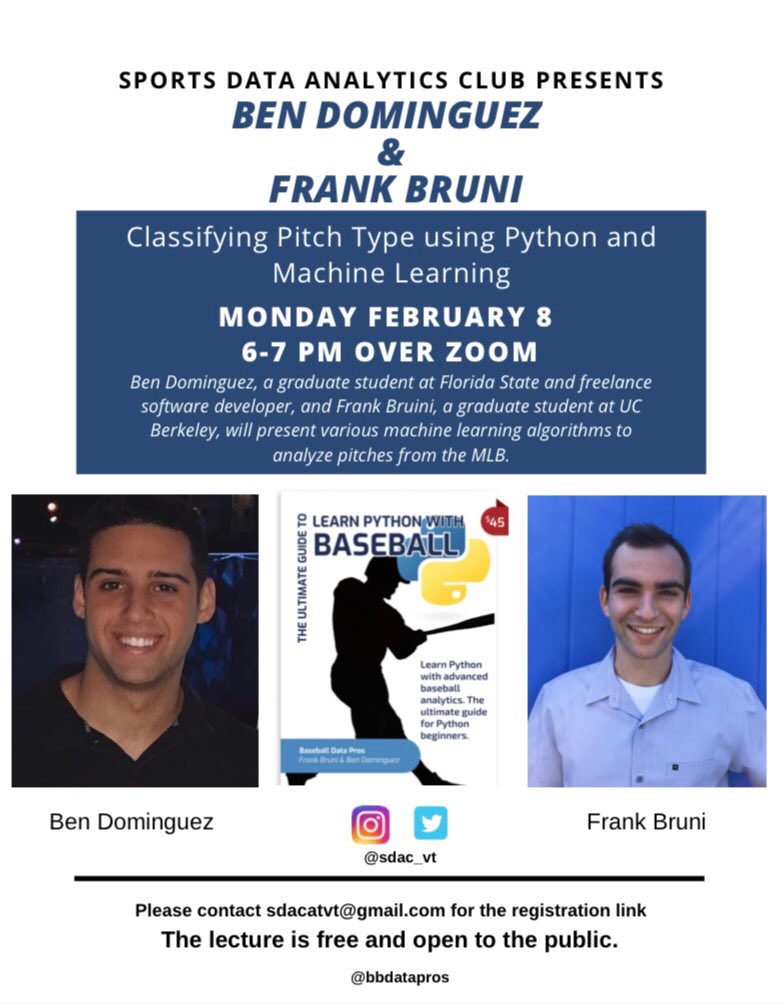 Hey Guys! Come join us tonight (2/8) at 6PM for a presentation from Ben Dominguez &amp; Frank Bruni on Classifying Pitch Type using Python and Machine Learning. It’s open to everyone but just make sure to email or DM us for the zoom link. Hope to see you all there !