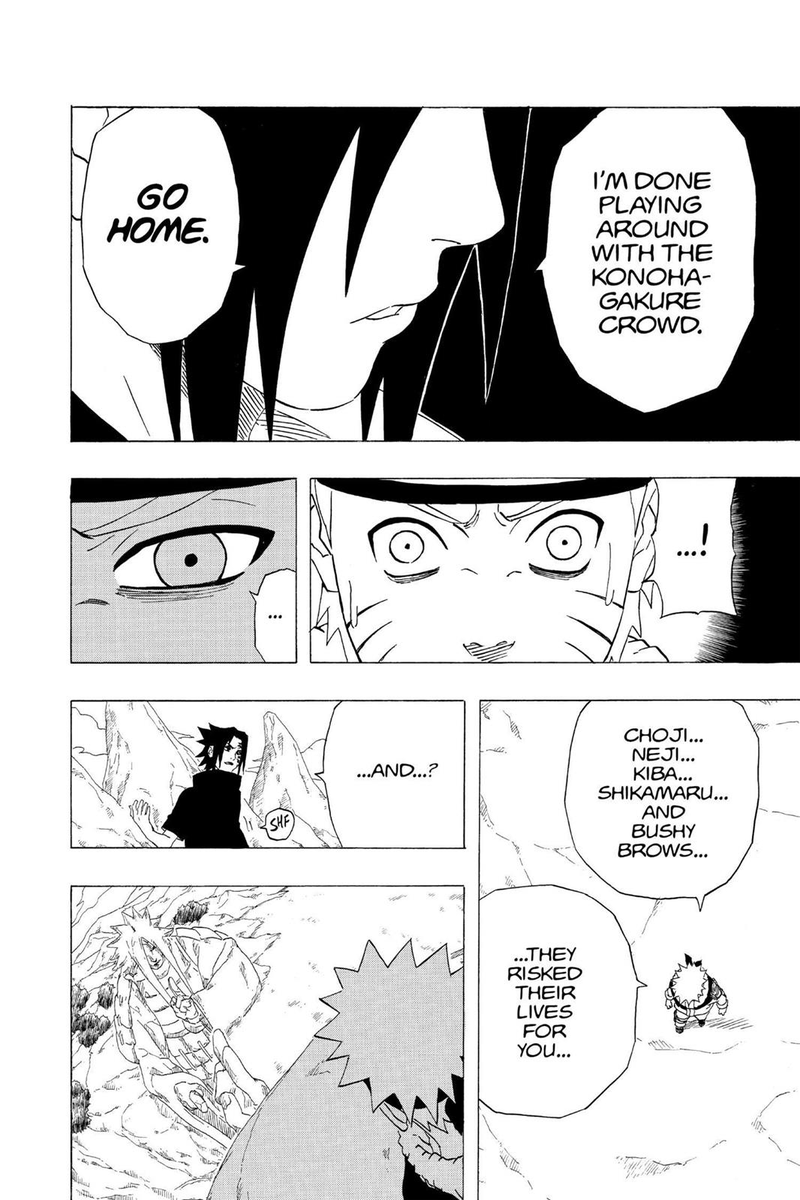 The 2nd progression Sasuke has tht contradicts his beliefs is during the 1st valley battle. Sasuke tells Naruto that he doesn't understand and never will because he never had any bonds to lose to begin with. Because he had the bonds to lose, Sasuke wants his pain acknowledged.