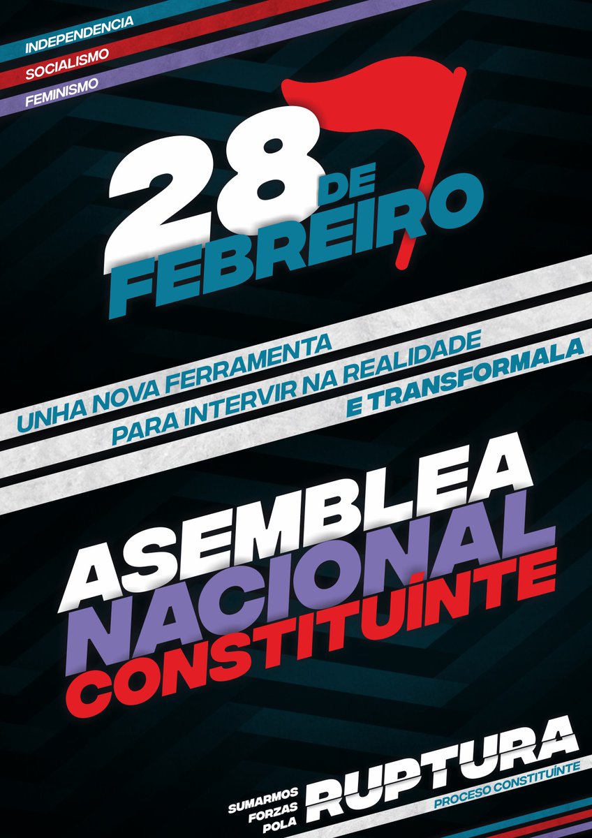 🚩 Co debate dos nosos documentos fundacionais xa en marcha, damos o seguinte paso e anunciamos a data definitiva da nosa Asemblea Consituínte: o 28 de de febreiro, todas as persoas implicadas neste proxecto pecharemos o proceso e a nova ferramenta política comezará a camiñar.