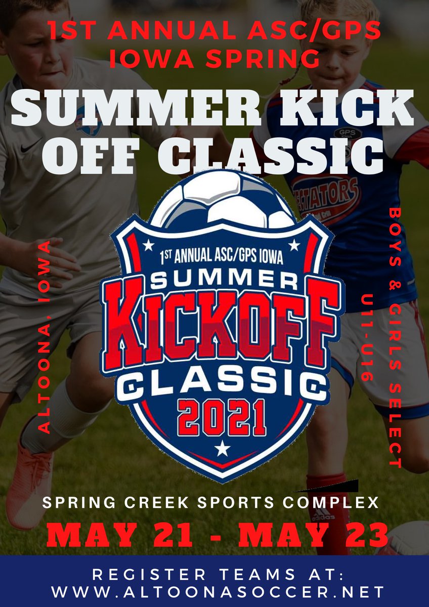 🚨Team Registration for our Summer Kick Off Classic Tournament is now open 🚨

Registration deadline is April 24th: altoonasoccer.net/tournament/kic…

*This is a select level tournament for boys &amp; girls U11-U16 teams