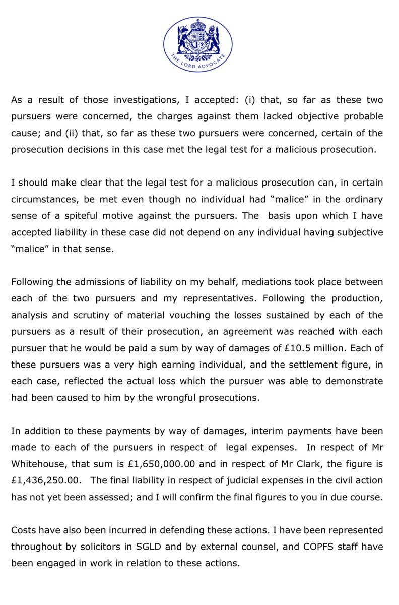 AamerAnwar's tweet photo. £21million damages paid by Crown Office for “malicious prosecution” of 2 former Rangers administrators, shocking abuse of power, but ordinary people without ‘deep pockets’ are never able to hold the Crown Office or Police to account- extracts below👇🏽 https://t.co/KUKeTHpE6r https://t.co/sL47yWmh2A