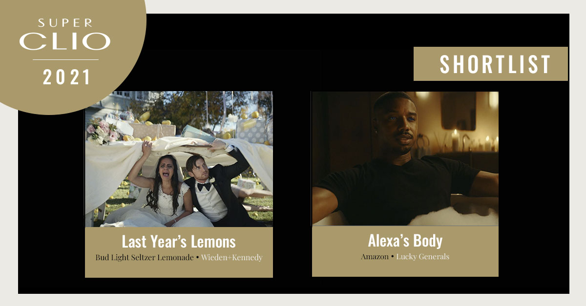 The_Clios's tweet photo. Congratulations to the 2021 #SuperClio shortlisted work: https://t.co/1IjpFZDYTa

🏆 @budlight Lemonade Seltzer "Last Year's Lemons" from @WiedenKennedy 
🏆 @amazon "Alexa's Body" from @LuckyGenerals https://t.co/x6J03zBUKn