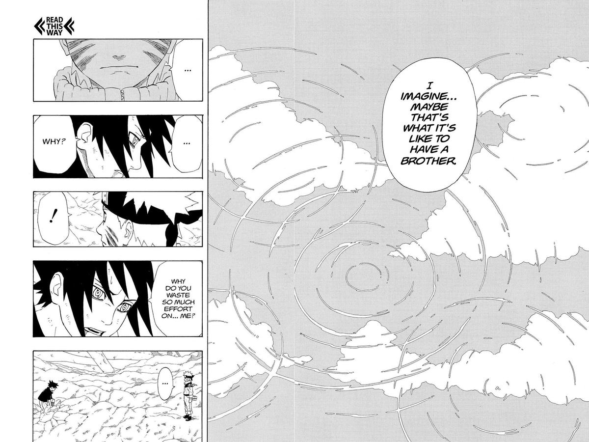 Naruto counters by describing the bonds he currently has with the people closest to him, saying that he imagines having Sasuke in his life is what it feels like to have a brother. Sasuke connects with this because he feels the same in his heart but Sasuke must betray his feelings