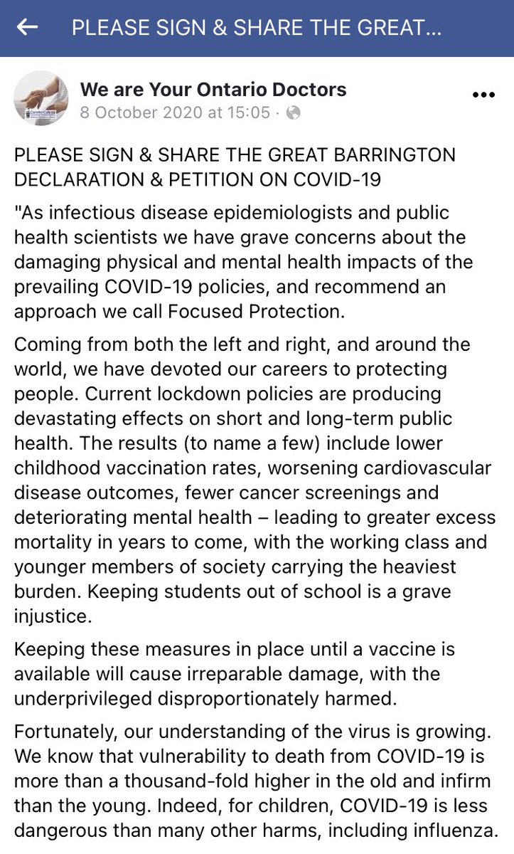 Any comments on their FB page calling them out or asking difficult questions, will be very quickly deleted. In addition, flawed anti-lockdown propaganda is presented as “science”. For example “The Great Barrington Declaration”, debunked here:  https://www.queensu.ca/gazette/stories/5-failings-great-barrington-declaration  #ONpoli  #OMA