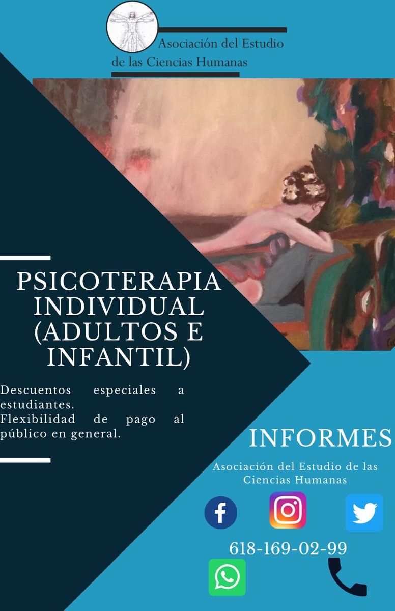 aechdurango's tweet photo. ¡Inicia tu proceso psicológico hoy mismo!
En la Asociación del Estudio de las Ciencias Humanas ofrecemos psicoterapia individual, para mayores informes vía inbox o al número 618-169-02-99 https://t.co/RtjPnfehE0