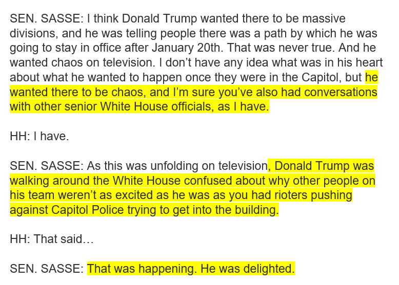 3. Plus Republican Senator Sasse's public remarks that senior White House aides told him Pres. Trump was “delighted” and was “walking around the White House confused about why other people on his team weren’t as excited.”Trump "wanted there to be chaos."Full quote.