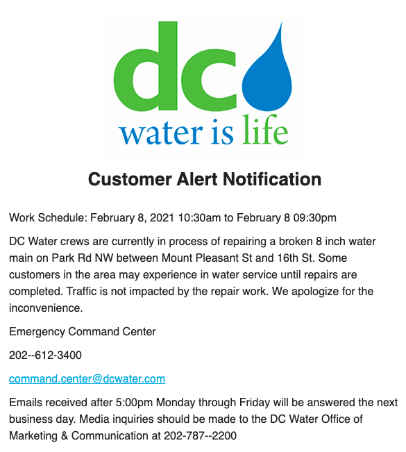 allinsea's tweet photo. #MtPDC residents: if you're experiencing a water outage it's probably because @dcwater is fixing the emergency leak on Park Rd NW. Thanks again @MoisesW1MOCRS for contacting DC Water about this. https://t.co/UJr1ufEUIi