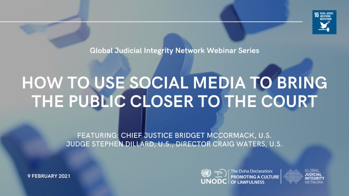 📱How to use social media to bring the public closer to the Court? 
💻Join <a href="/UNODC/">UN Office on Drugs & Crime</a> Global #JudicialIntegrity Network's webinar on 9 Feb at 15.00 CET featuring 🧑‍⚖️<a href="/BridgetMaryMc/">Bridget Mary McCormack</a>, <a href="/JudgeDillard/">Judge Stephen Dillard</a>, and <a href="/flcourts/">FloridaSupremeCourt</a> to discuss judicial transparency and open justice: bit.ly/3p0frHO