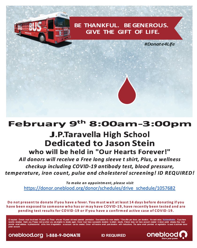Donate blood on 02/09 in memory of Coach Stein! To make an appointment, please visit donor.oneblood.org/donor/schedule…
