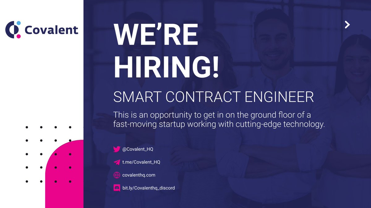 Covalent_HQ's tweet image. We&apos;re looking for a #SmartContractEngineer to join our team! Own the entire smart contract development cycle &amp;amp; get to work with one of the leading, technically challenging #blockchain companies founded by veterans of the space 🤝

Apply Here: bit.ly/36WAbdt

#werehiring