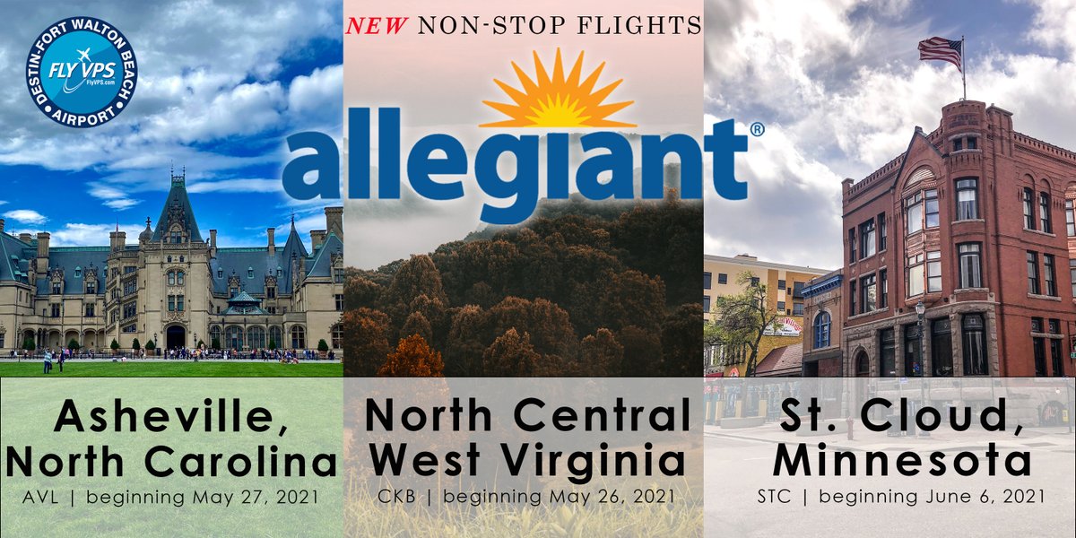 FlyVPS's tweet image. Today Allegiant announced NEW non-stop service to;
AVL ↔️ VPS beginning May 27, 2021
CKB ↔️ VPS beginning May 26, 2021
STC ↔️ VPS beginning June 6, 2021
Flight days, times, and the lowest fares can only be found at Allegiant.com #FlyVPS #Allegiant