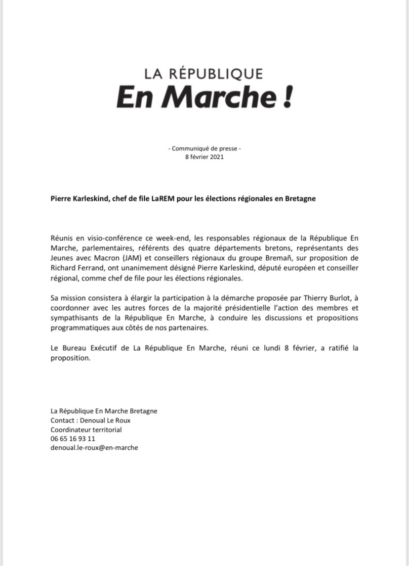 LaREMBzh's tweet photo. Bravo @Pierre_Ka !!!
Les responsables régionaux de @LaREMBzh, sur proposition de @RichardFerrand l’ont nommé à l’unanimité chef de file pour les élections régionales en #Bretagne. Le Bureau exécutif d’ @enmarchefr l’a ratifié ce soir. 🚀🚀🚀
#Regionales2021 https://t.co/osINzS0Llt
