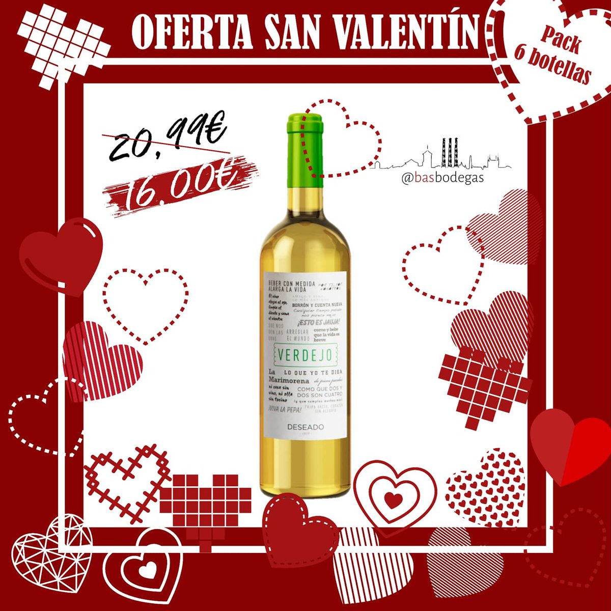 BasBodegas's tweet photo. Diselo a quien ames, díselo a quien más quieras, pero sobre todo, díselo con #BASBODEGAS y con su gran oferta de #SanValentin. 👉 https://t.co/vRSDQLu9MI 🌐
❤️🍷❤️
#DeseadoTempranillo #DeseadoVerdejo #Tempranillo #Verdejo #wine #vino #love #happyvalentinesday #Spain #margarita https://t.co/tc5ahkQbJ1