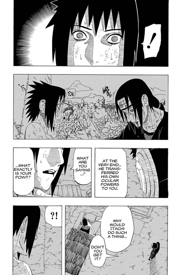 The 3rd sharingan progression Sasuke has that highlights his hypocrisy is the awakening of the MS. Just after hearing the truth about his brother, Sasuke realized just how loving his older brother was.He knew how much pain Itachi was in. Itachi did everything for Sasuke and > >