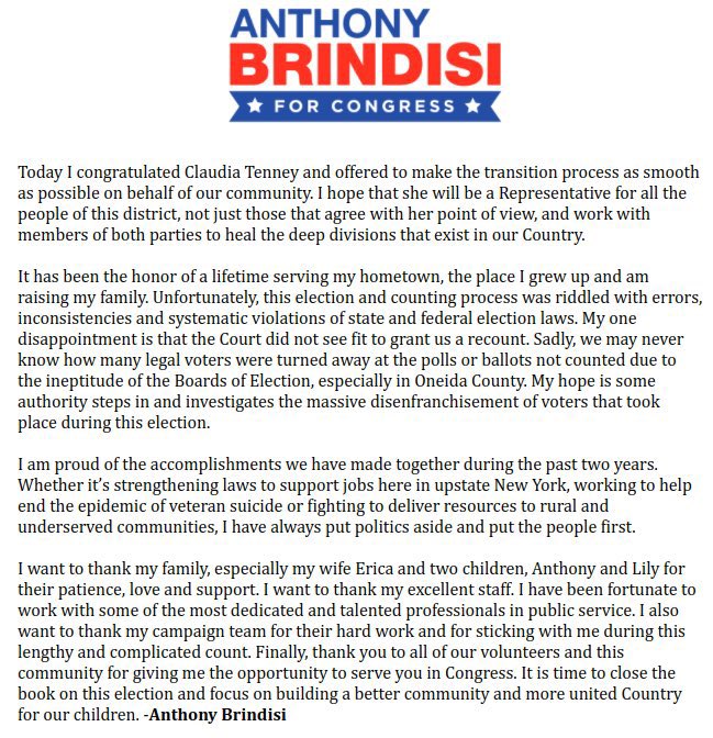 BKearneyTV's tweet photo. BREAKING: 🚨 🚨 @ABrindisiNY conceded to @claudiatenney today as Oneida County and New York State certifies the results. Brindisi’s campaign says he will not appeal the Judge’s decision. The race was separated by 109 votes. #ny22 #wktv #decision2020 https://t.co/Idti4NeCg2