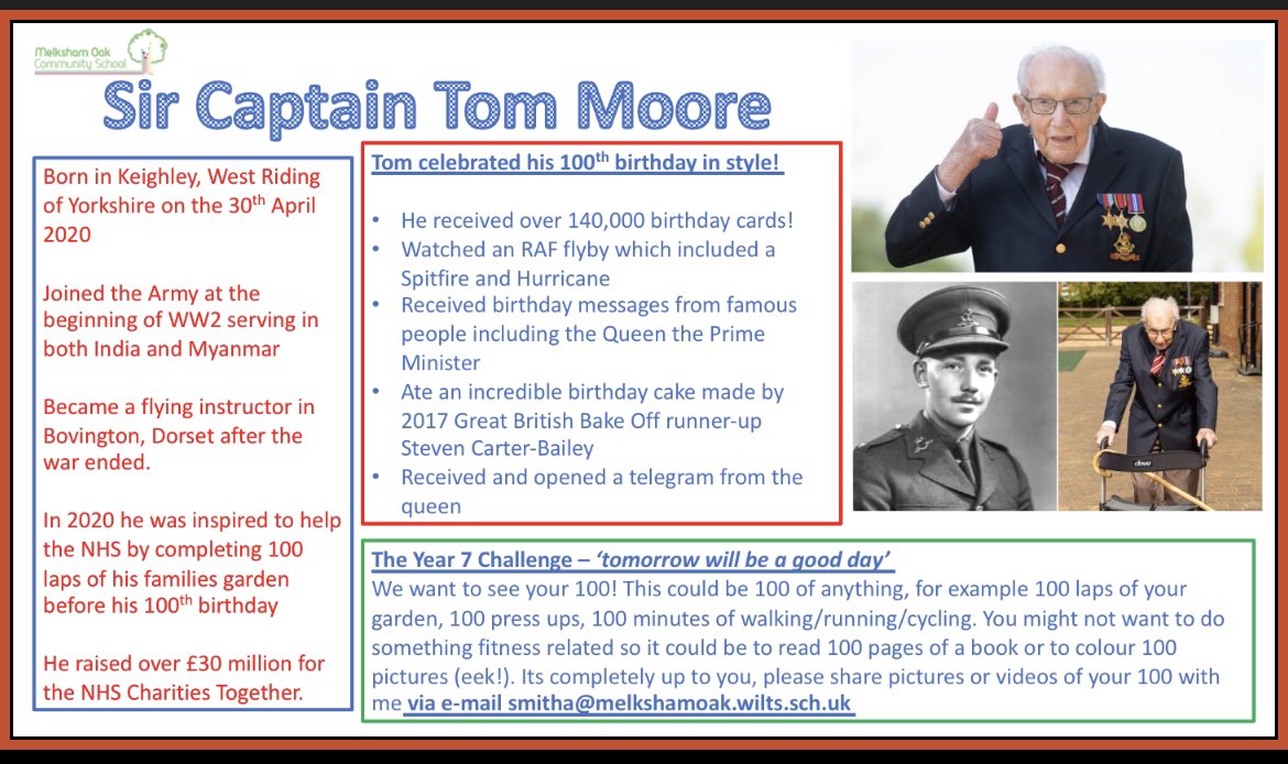 In memory of Sir Captain Tom Moore, Year 7 have been challenged to complete 100 of something! We can’t wait to see what they get up to this week!