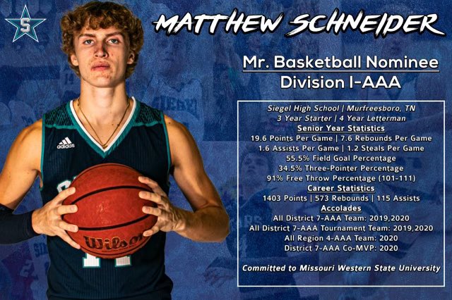 SiegelAthletics's tweet photo. @schneidermatt32 is well deserving to be a finalist.  This young man has had an excellent year.  What a great representative of @SiegelHighStars and the @siegelmbb program. 
https://t.co/AvV6DjKWgN https://t.co/t1mxuUlVLd