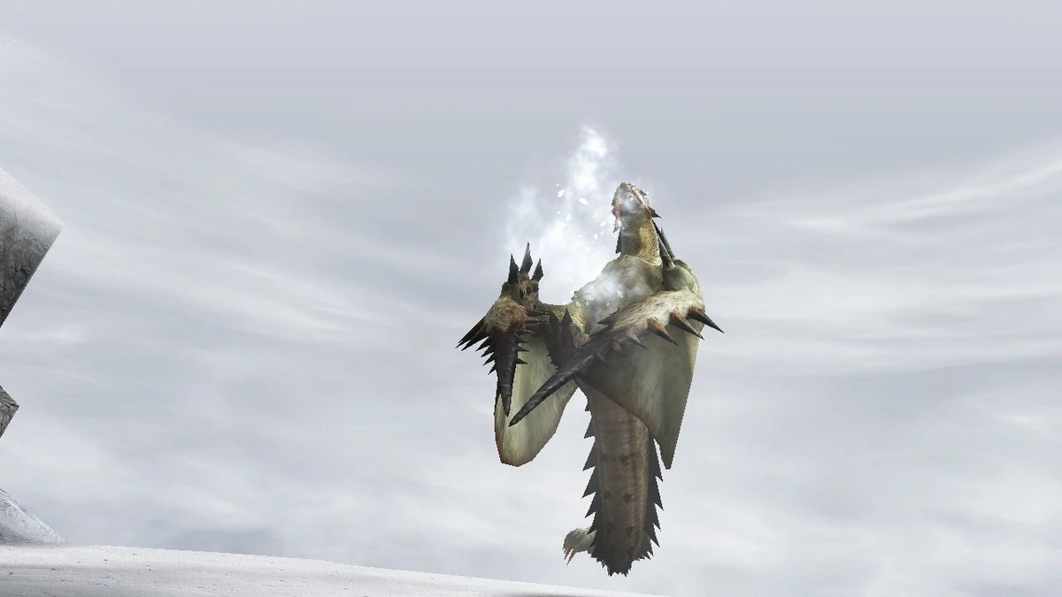 Inside of Barioth's body is a frost sac that contains a cold liquid that can freeze prey in an instant. Barioth will breathe in air before spitting out the liquid, and, as Barioth does so, its lungs and frost sac will contract, forming a spiraling current of air.