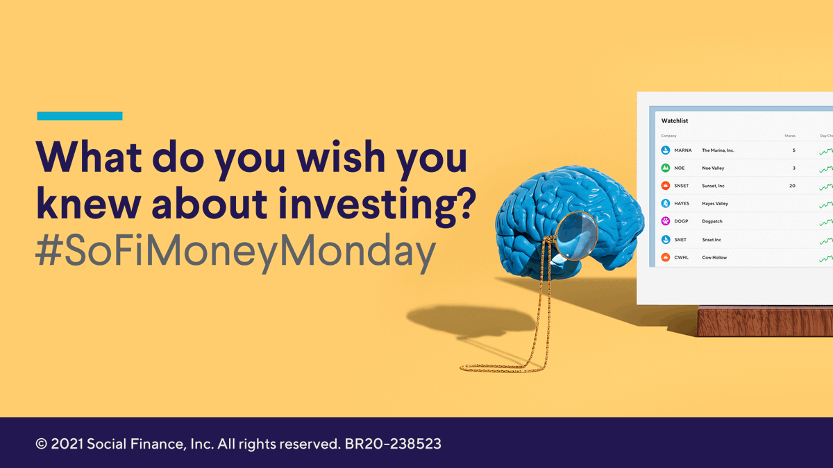 SoFi's tweet image. It's #MoneyMonday! RT and share one thing you wish you knew about investing for a chance to win $100 in your #SoFiMoney account.

Entries must be submitted by 2/9 at 9AM PT. No purchase necessary. #SweepsEntry Official Rules: bit.ly/2E1d6s4