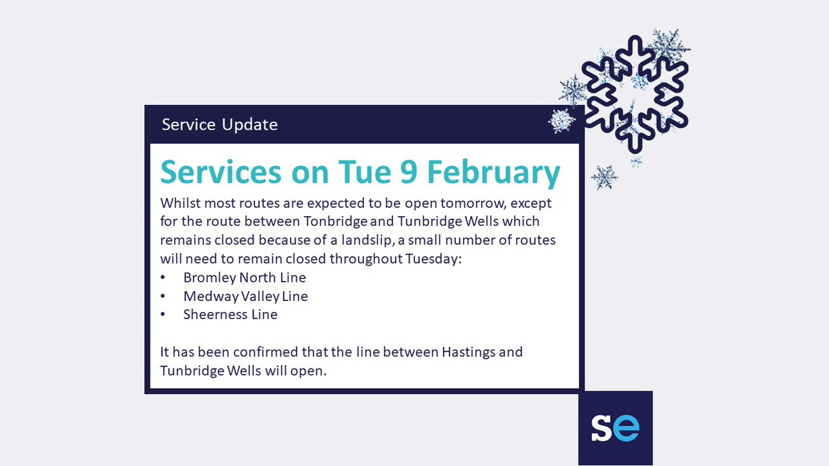 Se_Railway's tweet photo. ❄️ #SEWinter

🌨️ As part of the plans for ensuring the tracks are free of ice, some very early morning trains on most routes will be cancelled tomorrow, we'll update journey planners with details of these as soon as possible.  🚆

Update below on services tomorrow ⬇️ https://t.co/19yiZnddb5