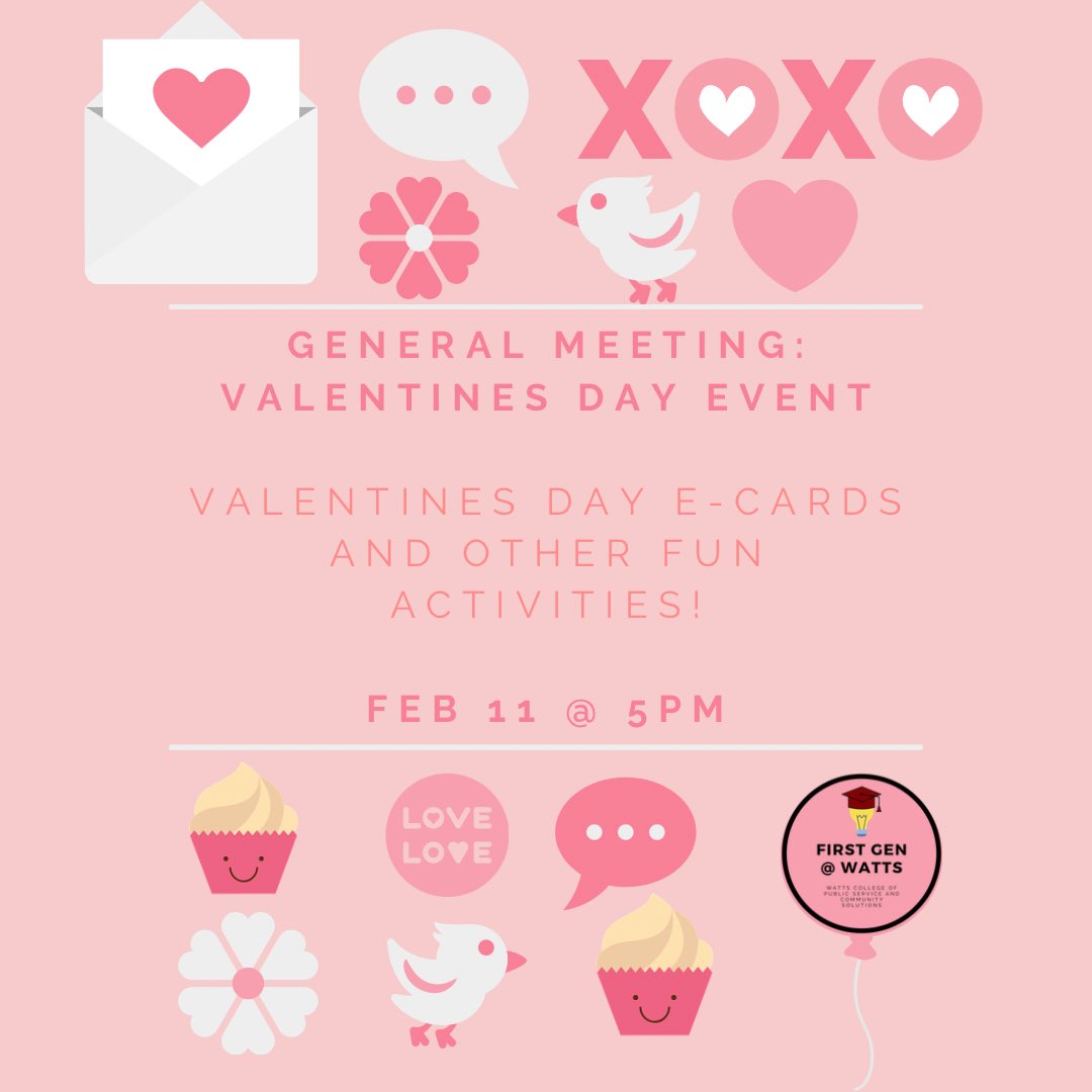 FirstGenWatts's tweet image. Join us THIS THURSDAY @ 5pm for our Valentine’s Day themed meeting where we will be creating e-cards for each other and kids at St. Judes! 💓💗💞💕

Zoom link in our bio!