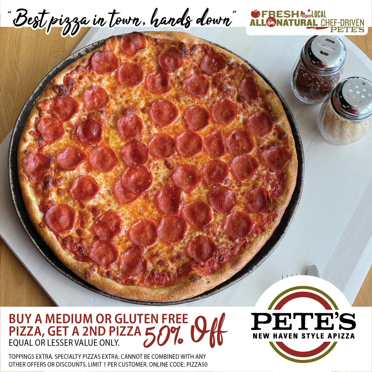 Tuesday is National Pizza Day and Pete's has a deal to help you celebrate! Buy a medium or gluten free pizza and get a 2nd pizza half price!