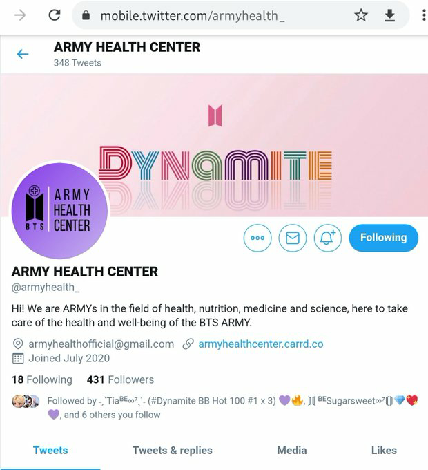 Finance and Accounting ARMY -  @ARMY_FinLitTaking care of ARMY's overall health and well-being -  @armyhealth_Art Lover? We got your back! -  @artansonyeondanInterested in  #BTS History or walking down the memory lane?  @ThrowbacksBTS  #BTSARMY  @BTS_twt