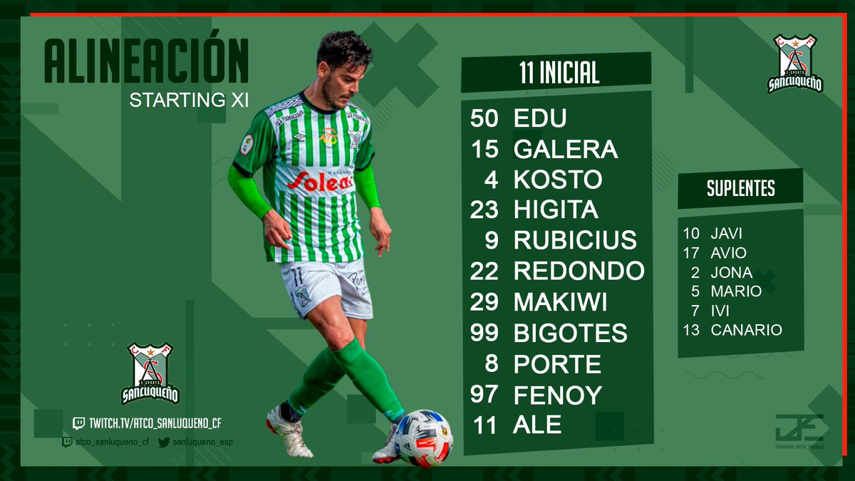 📝 Ya tenemos alineaciones para esta noche 📱 

Os presentamos los onces que competirán para el @sanluqueno_esp esta noche en:

🏆 <a href="/Ace_espanaa/">ACE España</a>
🏆 <a href="/EfaEspana/">🇪🇸EFA ESPAÑA🇪🇸</a>
🏆 @TopVirtuaLeague

#LaIlusiónEsVerde 🍀