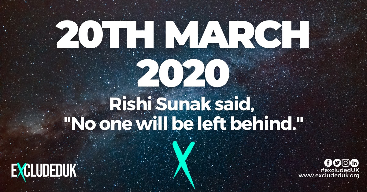 👇 But was he true to his word? If you were left behind by the Chancellor of the Exchequer, we like to call it #ExcludedUK then like, RT and comment this.  325 days is surely more than enough time? How did Mr <a href="/RishiSunak/">Rishi Sunak</a> leave you behind?❓