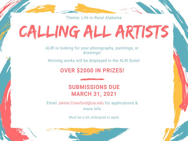 UA_ALRI's tweet photo. UA undergrad art competition with over $2000 in prizes!
How to apply:
1) Follow @UA_ALRI
2) Retweet this post
3) Email Jamie.Crawford@ua.edu
Top entries will be selected and posted to Twitter so that you can vote for your favorite art piece to win the competition! #TideResearch https://t.co/in2PXi1KMo