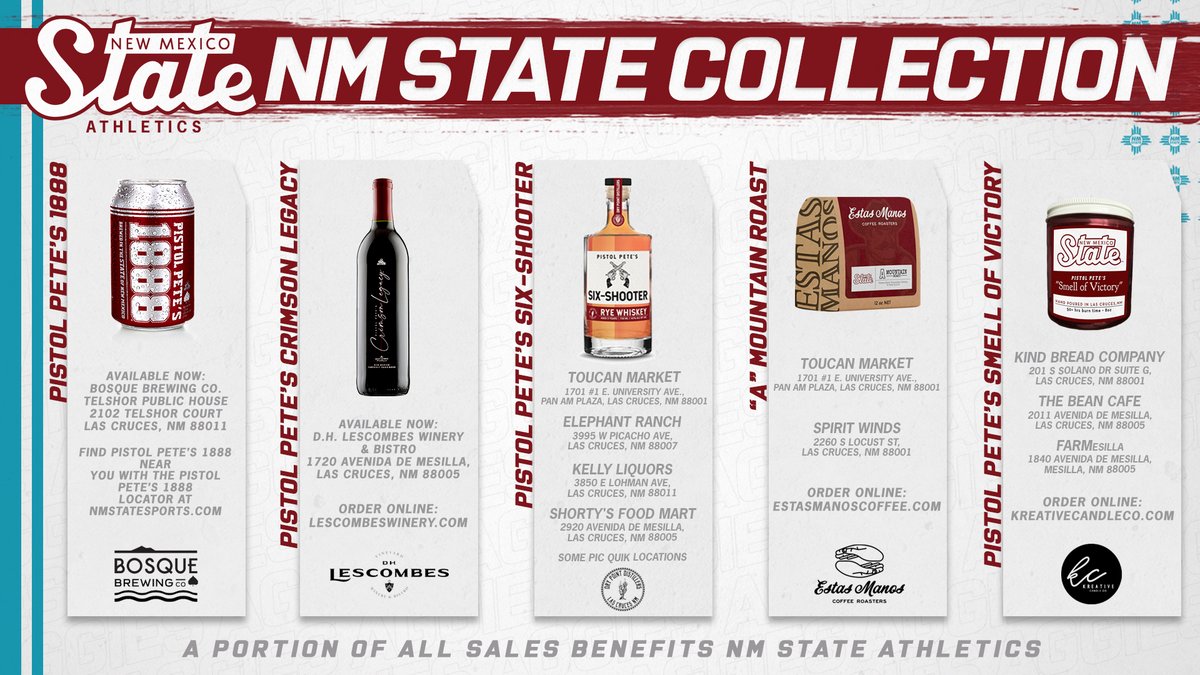NMStateAggies's tweet image. All your Aggie products in one location 👍

Check out the NM State Collection landing page for all in-person purchase locations and online ordering info (for certain products) for our entire collection! #AggieUp

🍺🍷🥃☕️🕯 | bit.ly/3tHl0Pk