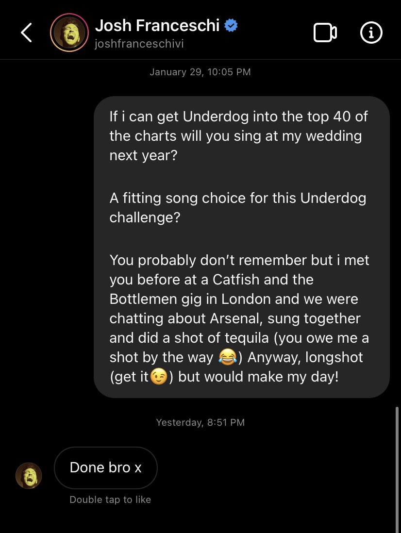 TheGirsch's tweet image. Everyone please share this and get it viral!!! Listen and download #underdog to help get @joshmeatsix and @youmeatsix to play at my wedding!!! @gregjames and @thebottlemen Can you help??? #longshot #wedding #helpafanout #youmeatsix #radio1