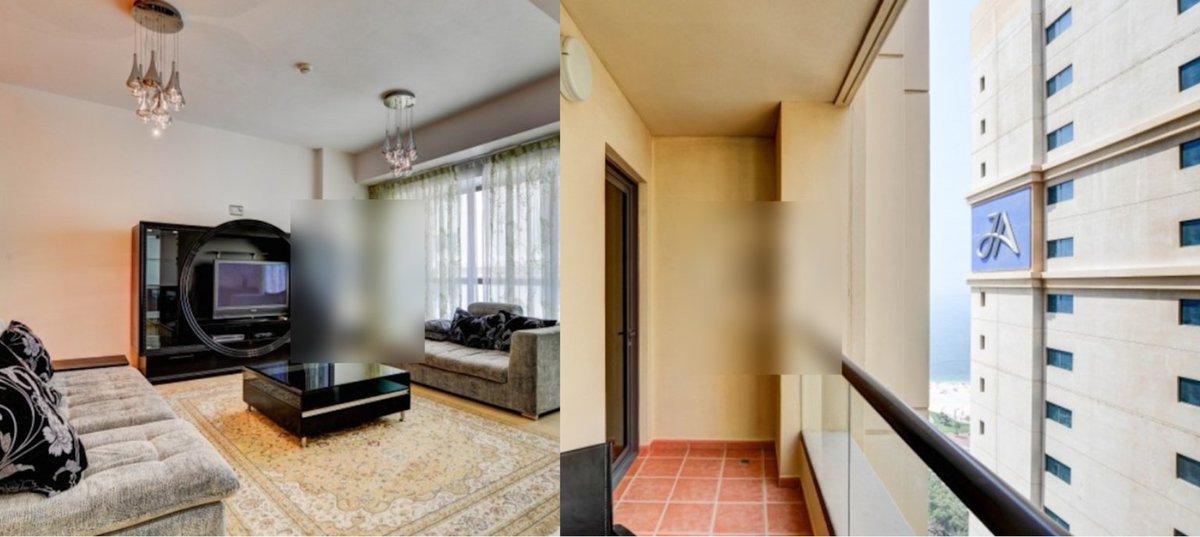 The same television and a similar view of the sign is also visible in old apartment rental advertisements of the same location, confirming it as the Jumeirah Beach Residence in Dubai.