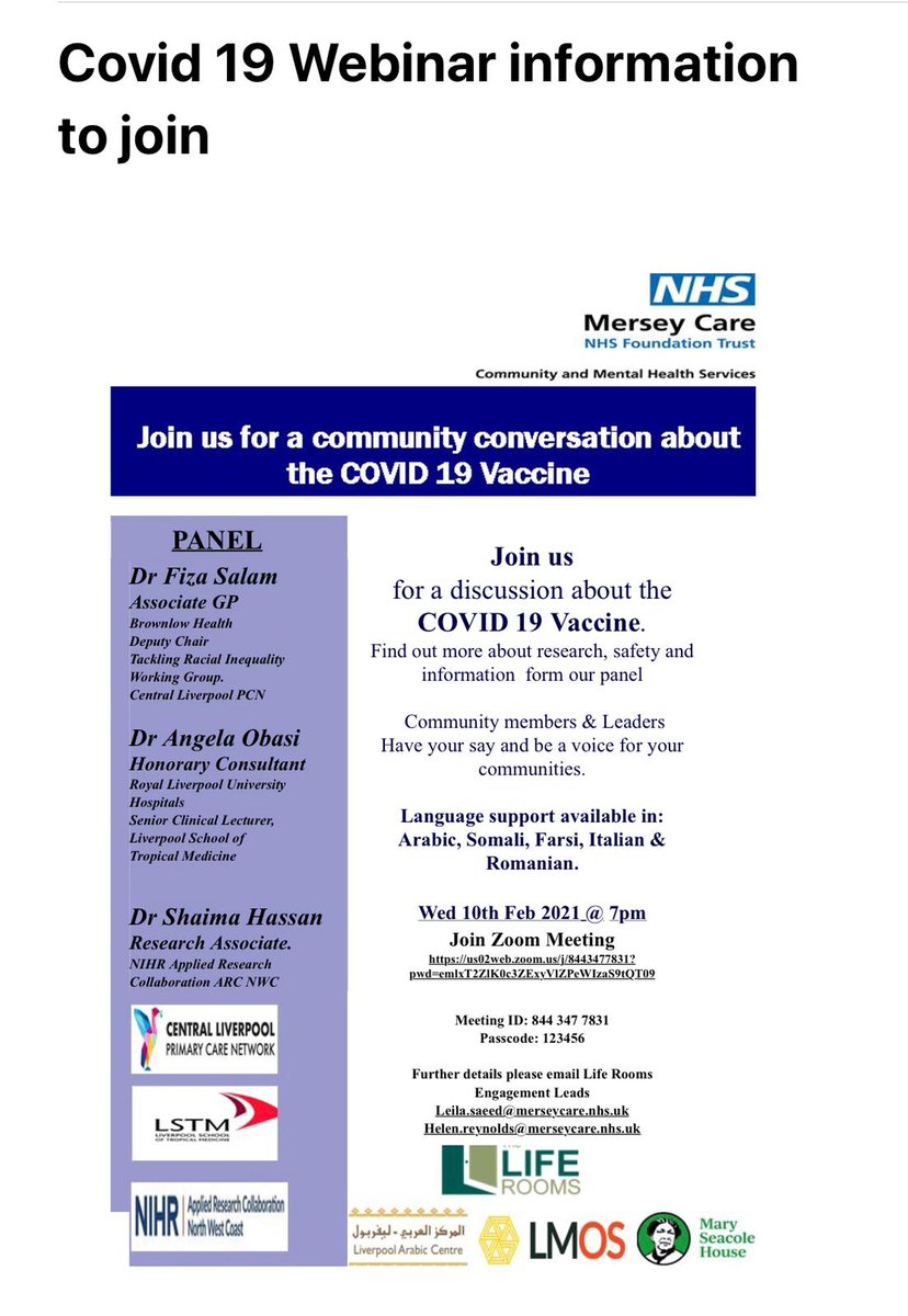 Fiza_Salam's tweet image. Please share for anyone in Liverpool!
Questions about covid-19, the vaccine, having problems accessing it in Central Liverpook, worried if its safe for Ethinc minorties? 
Please come to speak to us!
Language support for Spanish, Arabic, Somali, Farsi, Italian &amp;amp; Romanian.