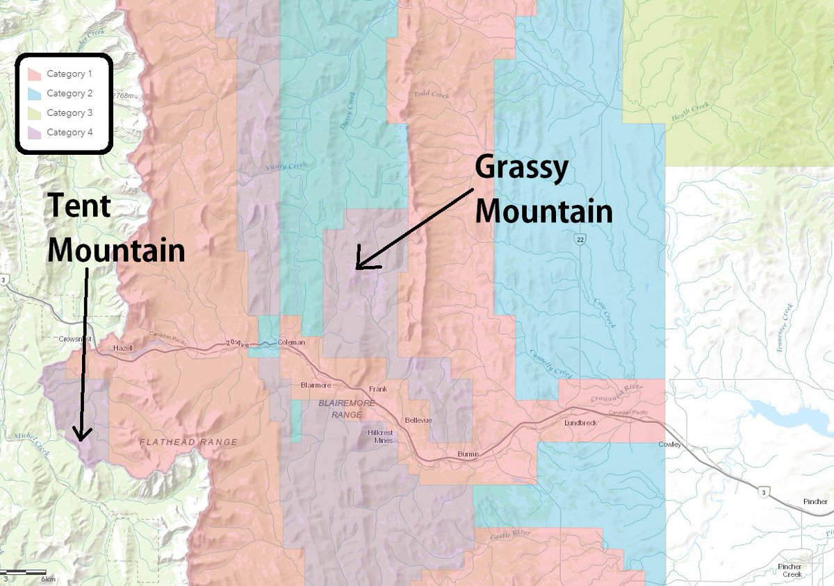 There were also chunks of Category 4 land in the mountains much further south, near Crowsnest Pass.These are where the Grassy Mountain & Tent Mountain projects are now being proposed. (Both were previously mined sites.)